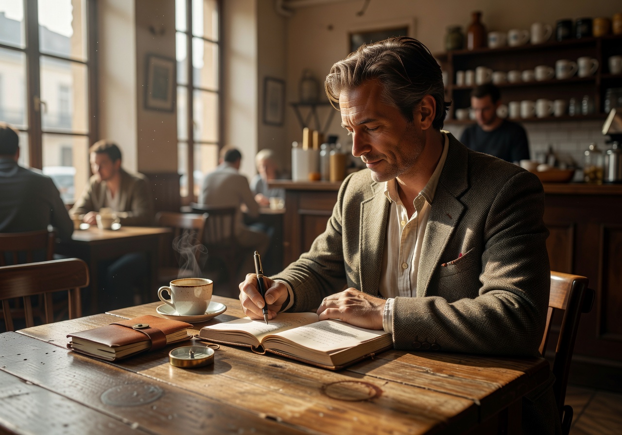 VelmoraGuide founder writing travel notes at a wooden table in a sunlit cafe
