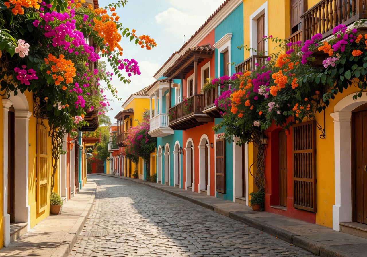 Bright colonial architecture and bougainvillea on a cobblestone street in Cartagena Colombia