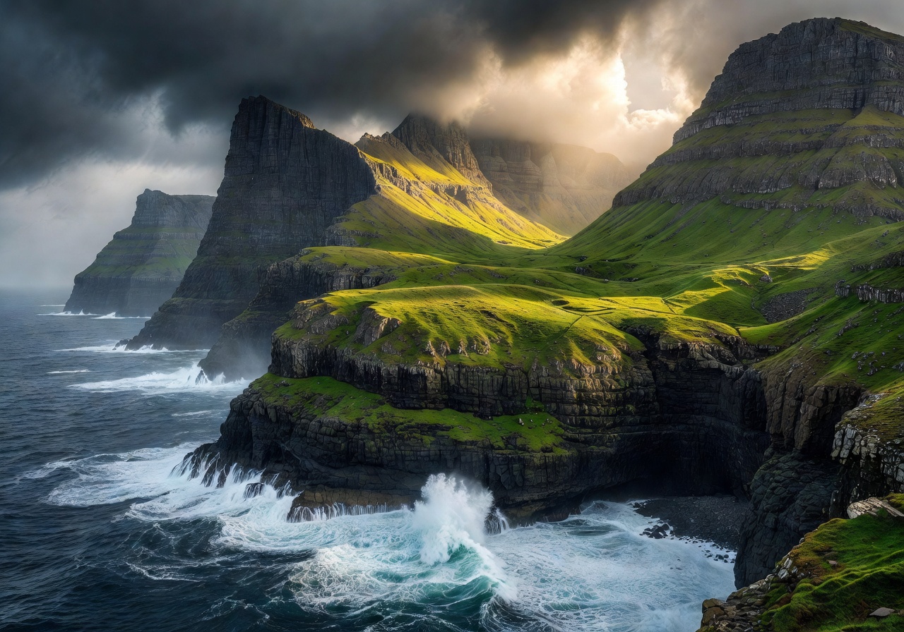 Dramatic sea cliffs and green valleys of the Faroe Islands