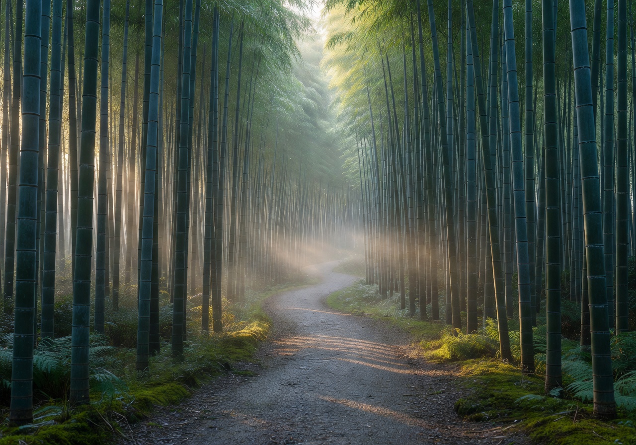 Bamboo grove pathway in Kyoto Japan at dawn