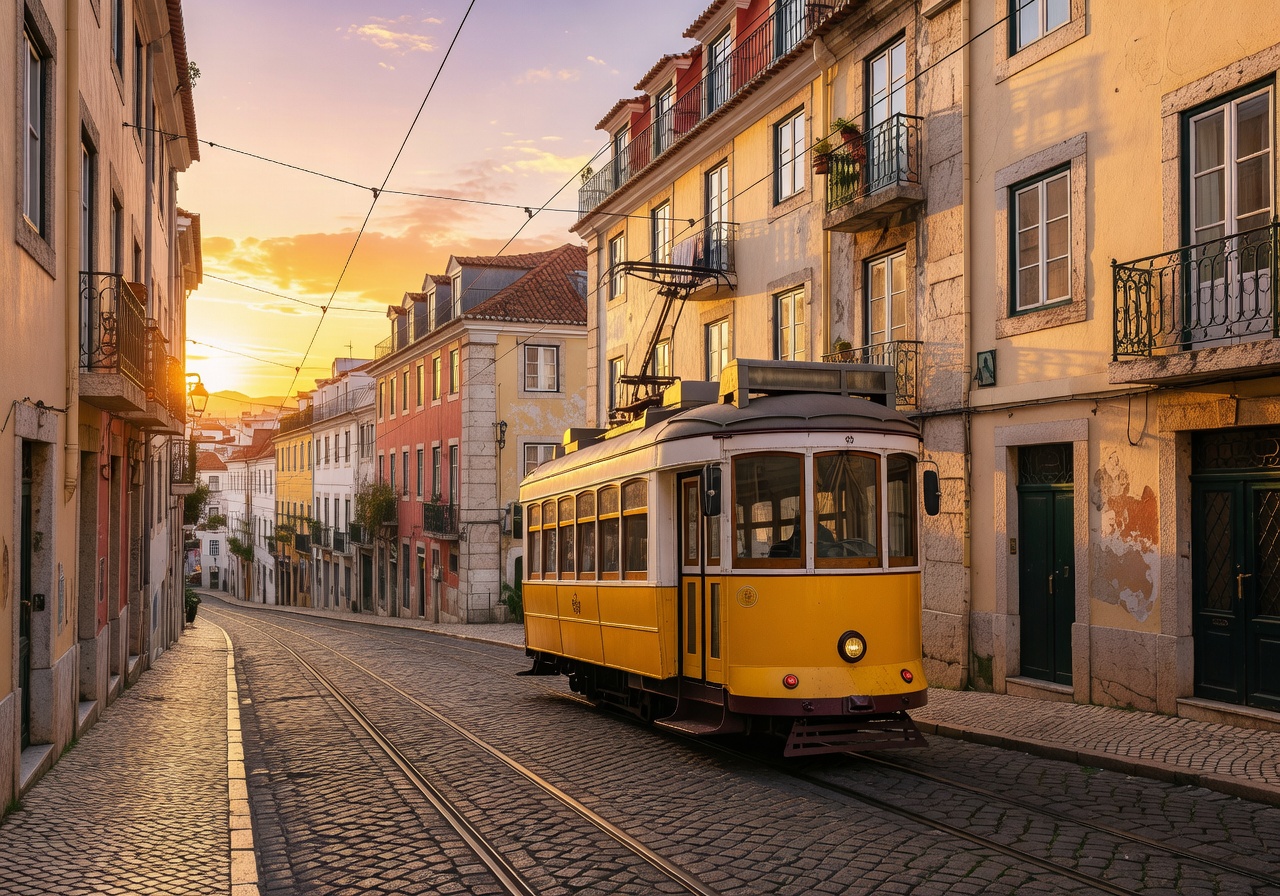 Tram ascending a narrow hillside street in Lisbon Portugal at sunset
