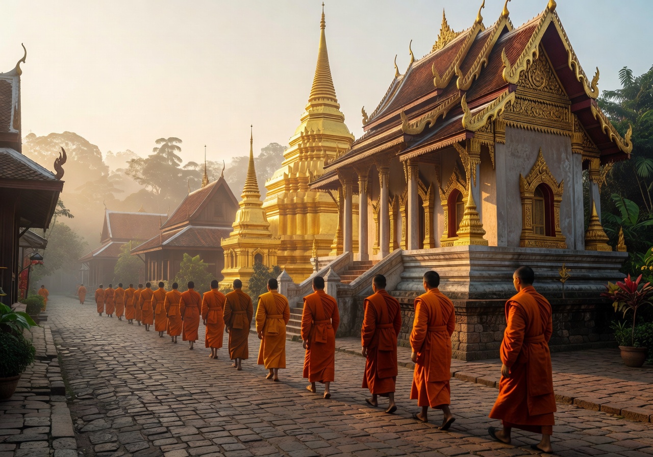 Orange-robed monks walking past golden temple in Luang Prabang Laos at dawn