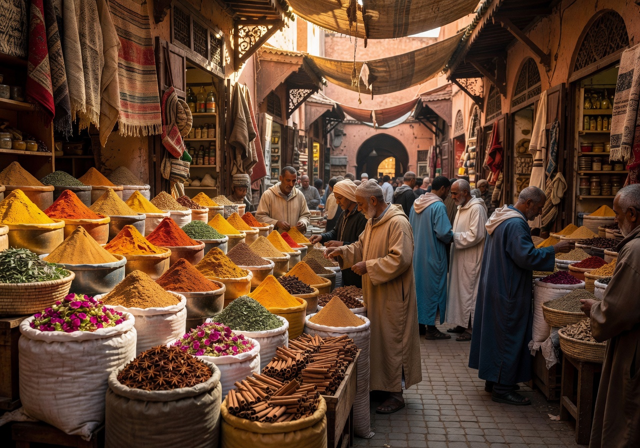 Colorful spice market stalls in the souks of Marrakech Morocco
