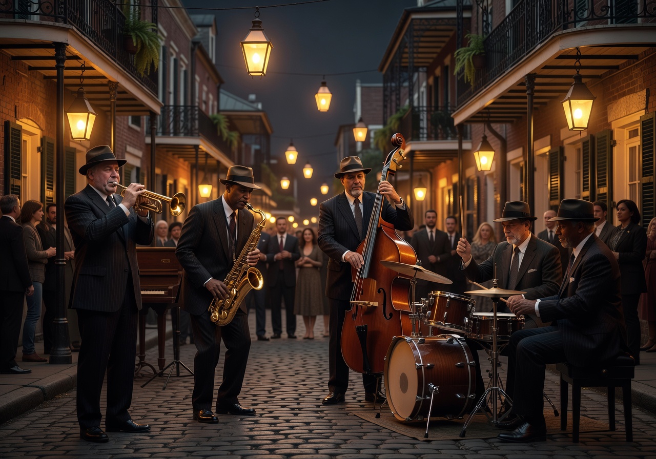 Jazz musicians performing on a lantern-lit street in New Orleans Louisiana