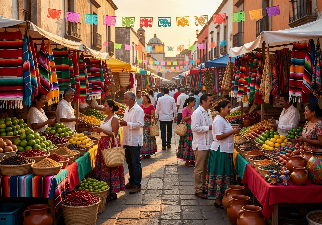 Colorful street market in Oaxaca Mexico at golden hour