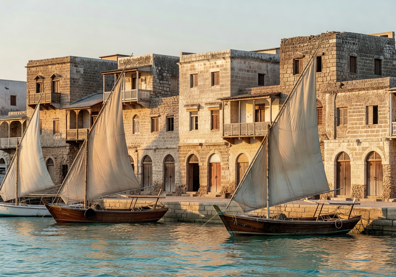 Stone Town harbor with traditional dhow boats and coral-stone architecture in Zanzibar Tanzania